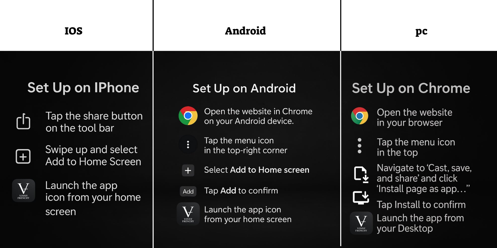 Instructions for setting up on iOS, Android, and Chrome across different platforms.