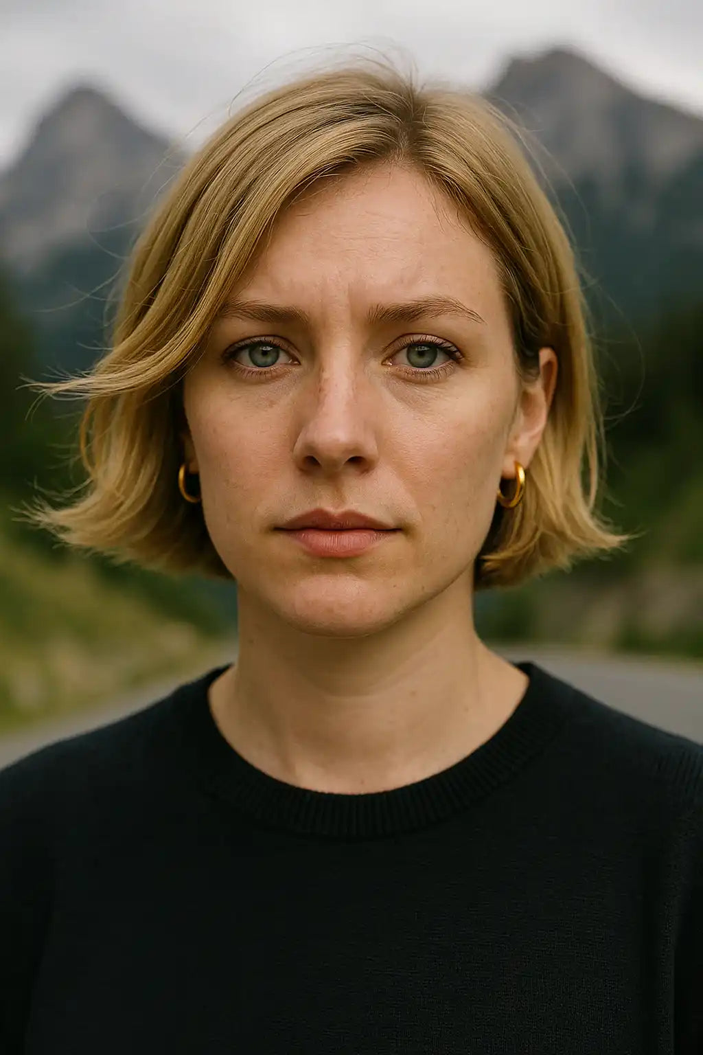 Person with short blonde hair standing in front of a mountainous landscape