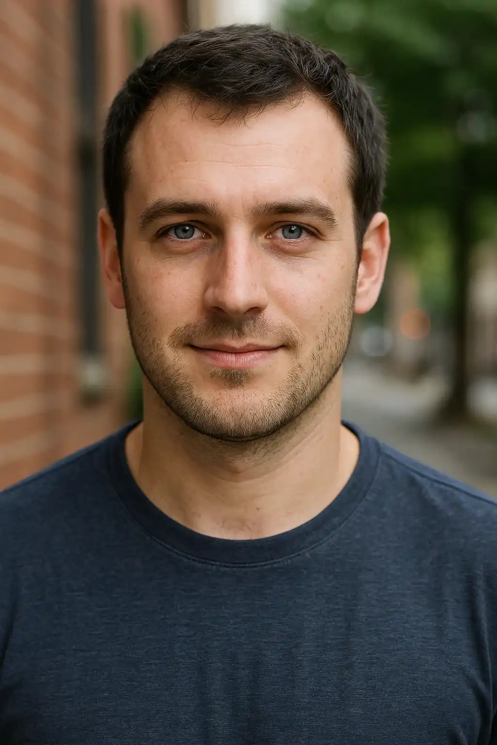 Man wearing a dark blue shirt outdoors with blurred background