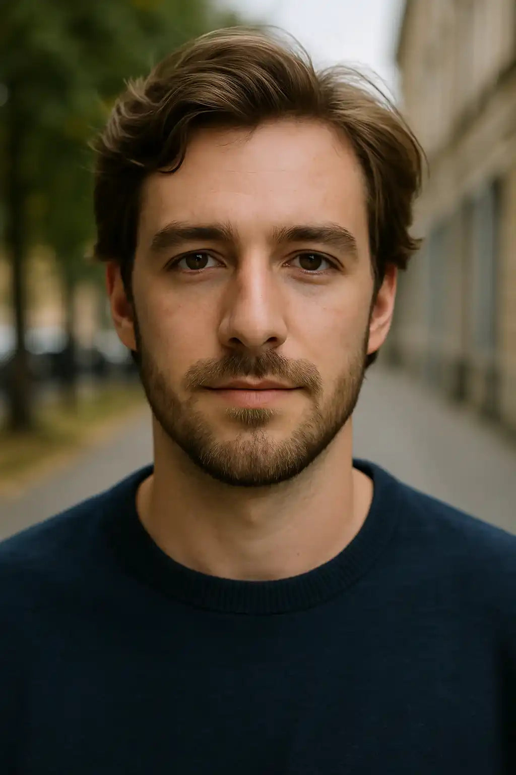 Man with a beard wearing a dark blue sweater outdoors