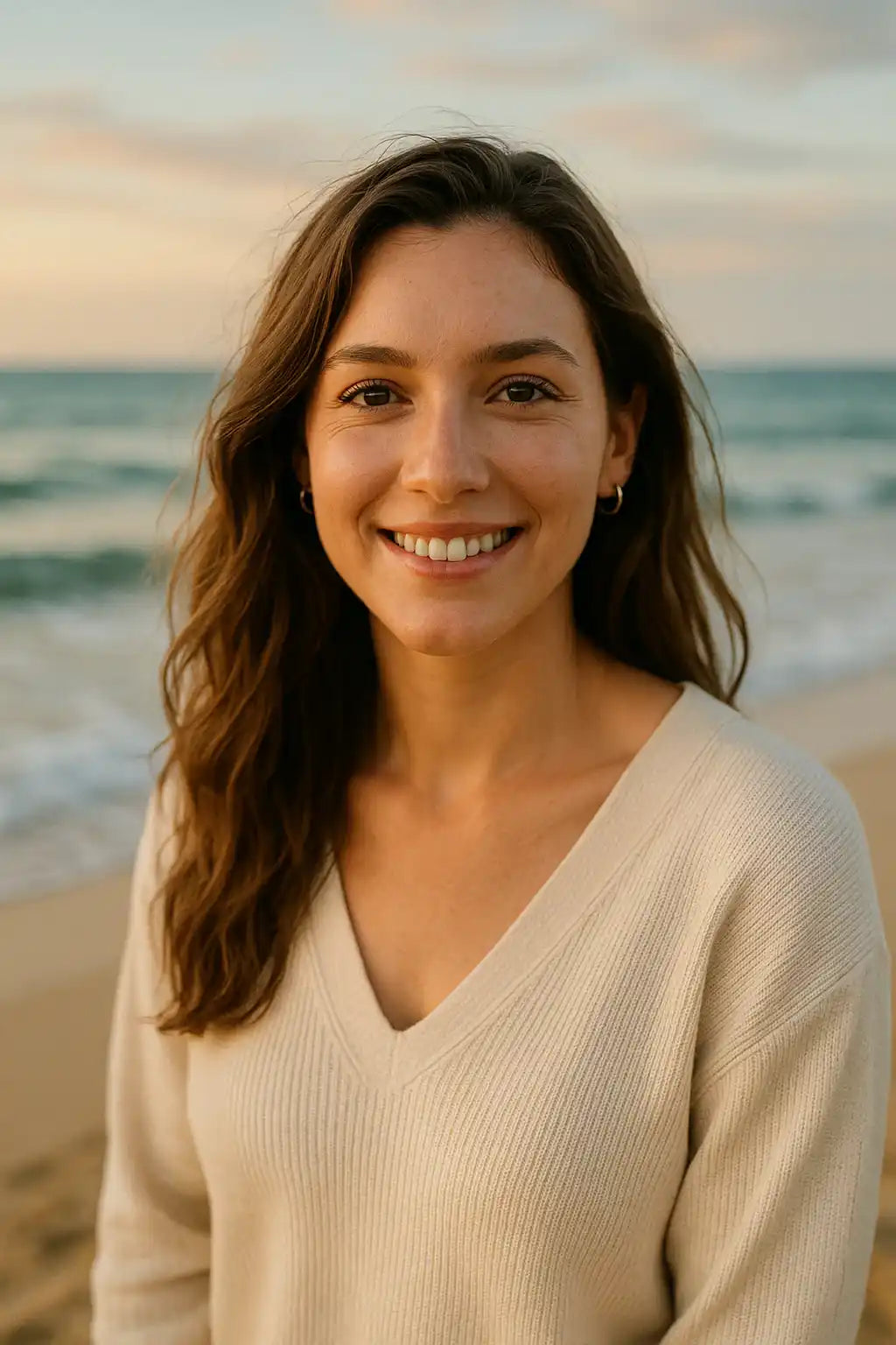 Woman smiling on a beach with ocean in the background