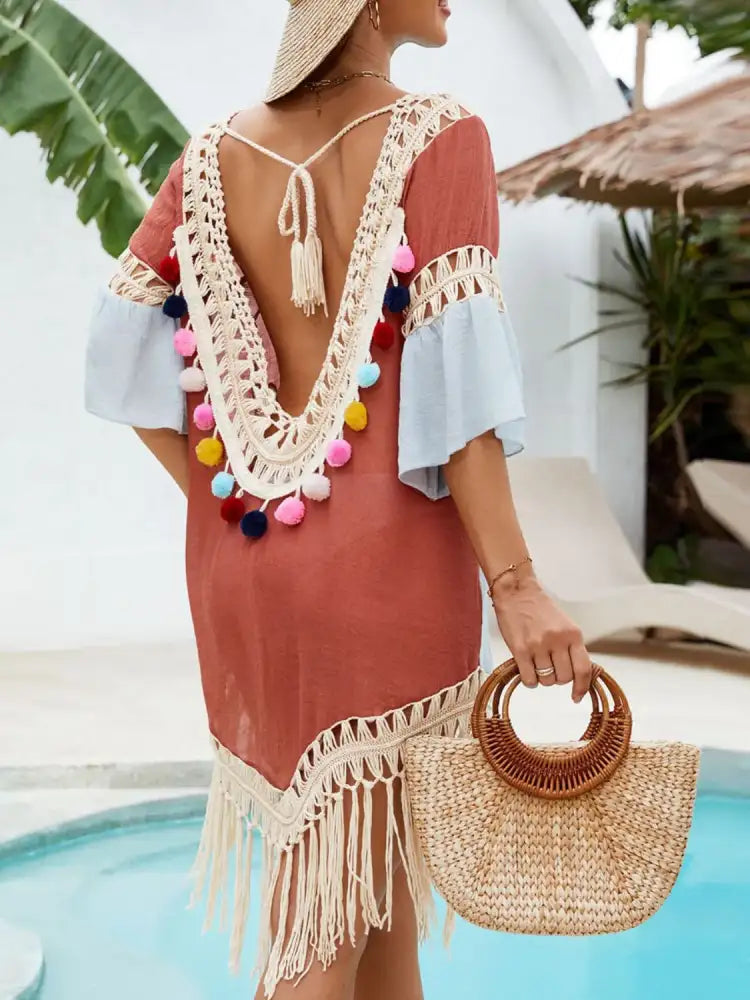 Backless Tassel Hem V-Neck Cover-Up