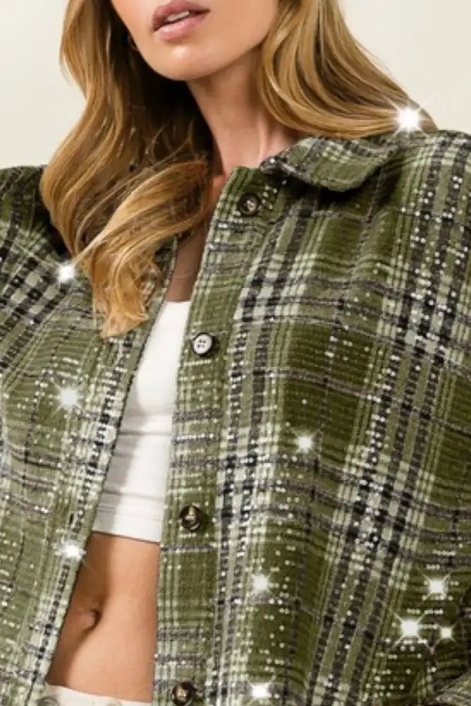 BiBi Allover Clear Sequins Vintage Plaid Jacket