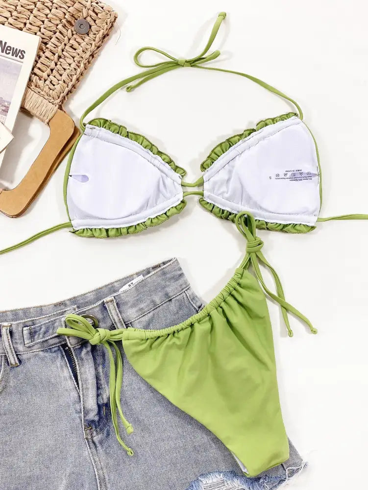 Bikini Ruffle Halter Set - Animal | light green ruffled halter bikini
