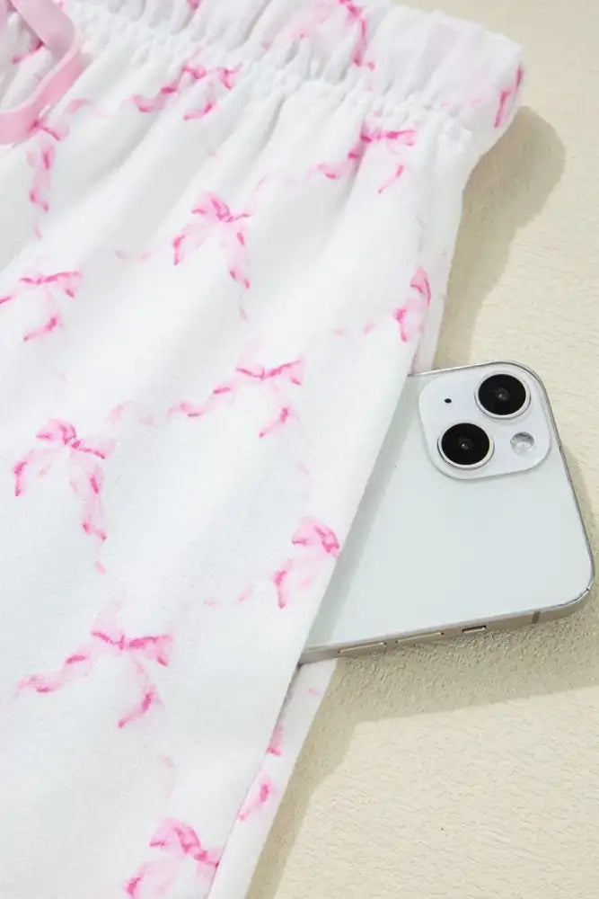 Bow Print Lettuce Trim Round Neck Top and Shorts Lounge Set