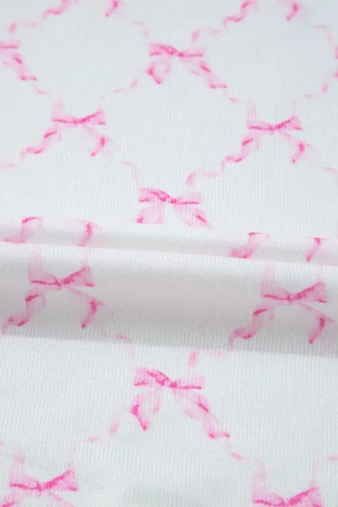 Bow Print Lettuce Trim Round Neck Top and Shorts Lounge Set