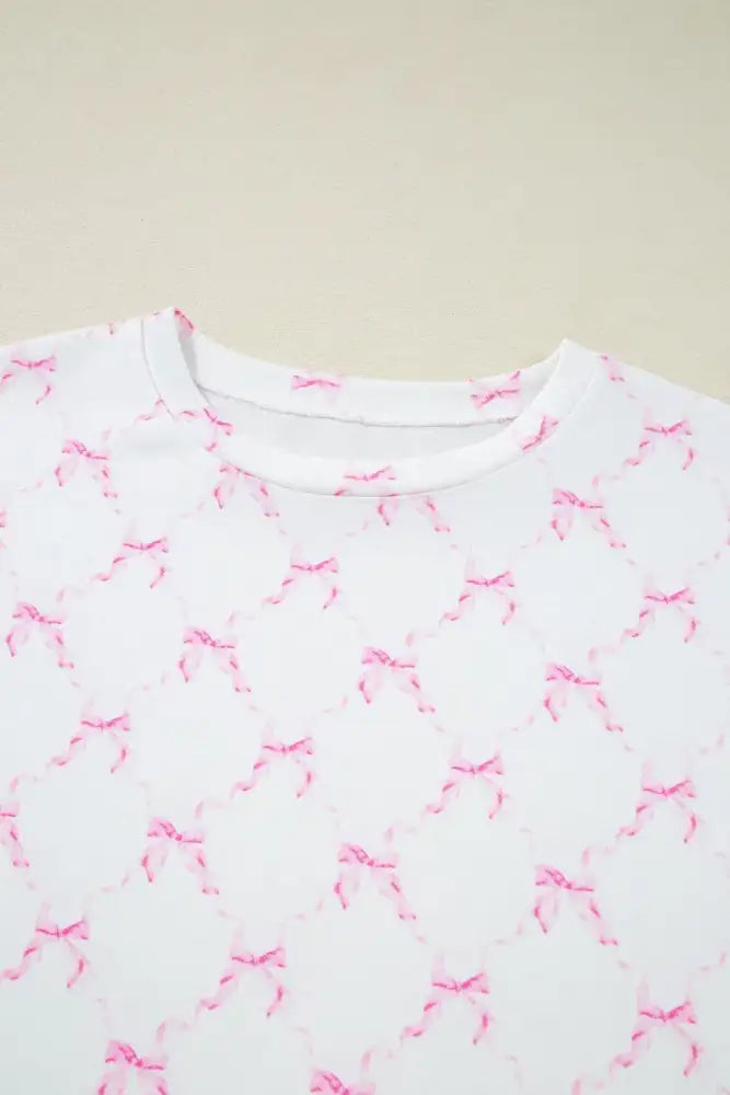 Bow Print Lettuce Trim Round Neck Top and Shorts Lounge Set