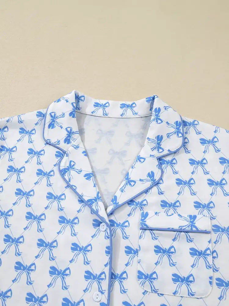 Bow Print Long Sleeve Shirt and Pants Pajama Set