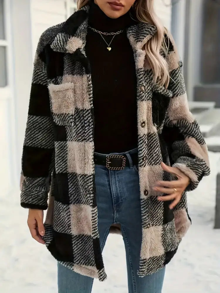 Button Down Collared Neck Plaid Teddy Coat with Pockets