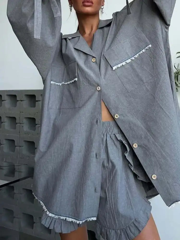 Button Up Flounce Sleeve Top and Shorts Set