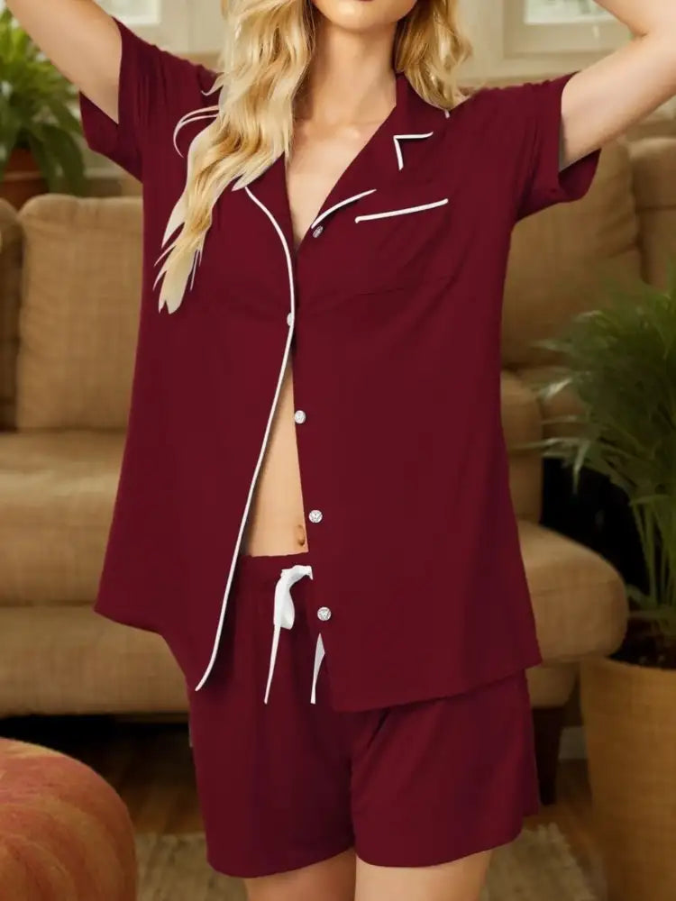 Button Up Short Sleeve Top and Shorts Lounge Set