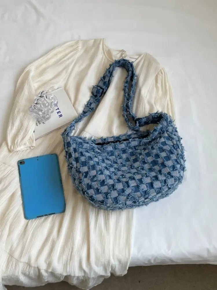 Checkered Raw Edge Denim Shoulder Bag