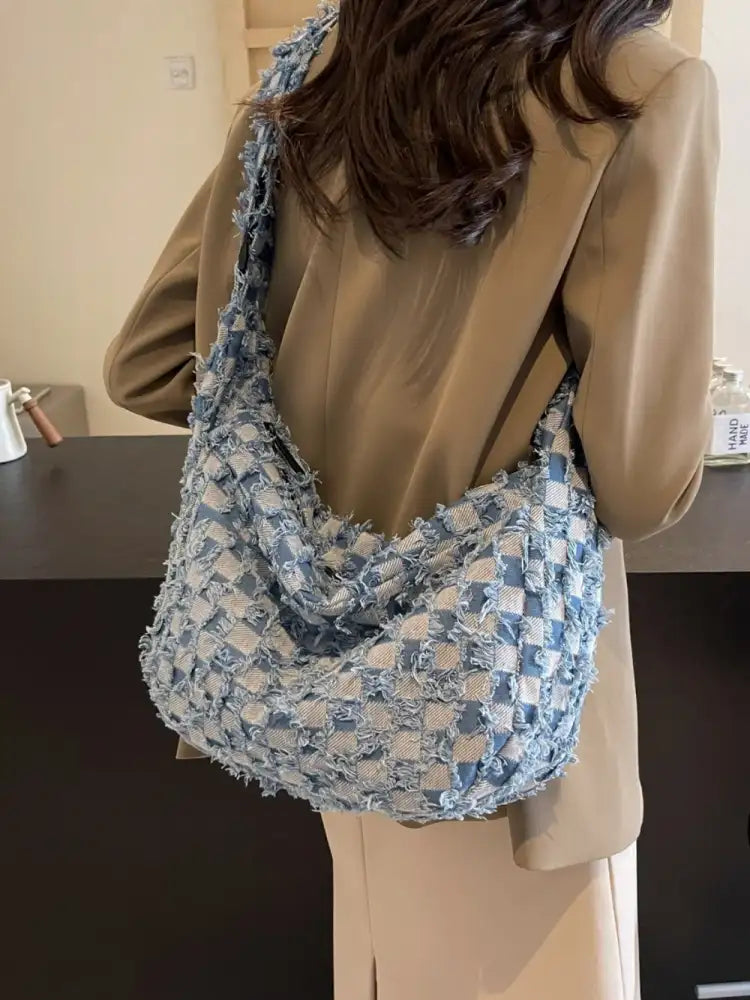 Checkered Raw Edge Denim Shoulder Bag