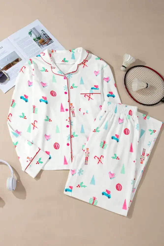 Christmas Printed Collared Neck Top and Pants Lounge Set