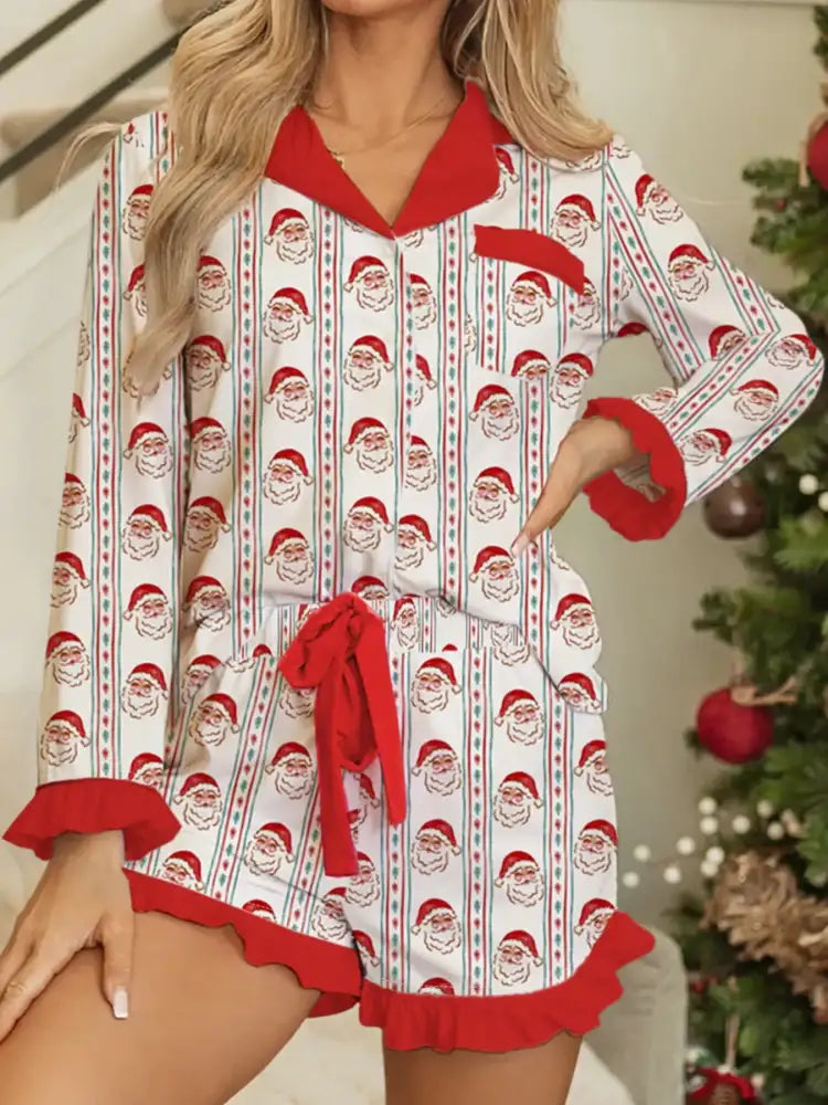 Christmas Santa & Stripes Ruffle Top and Shorts Set