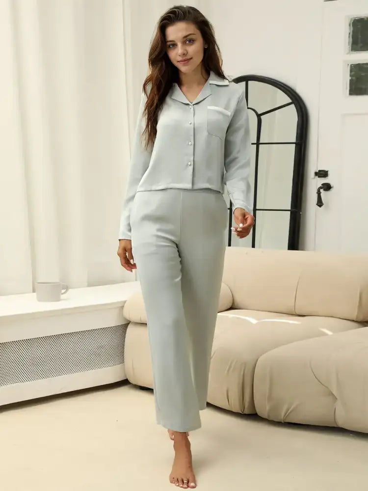Collared Neck Long Sleeve Top and Pants Lounge Set
