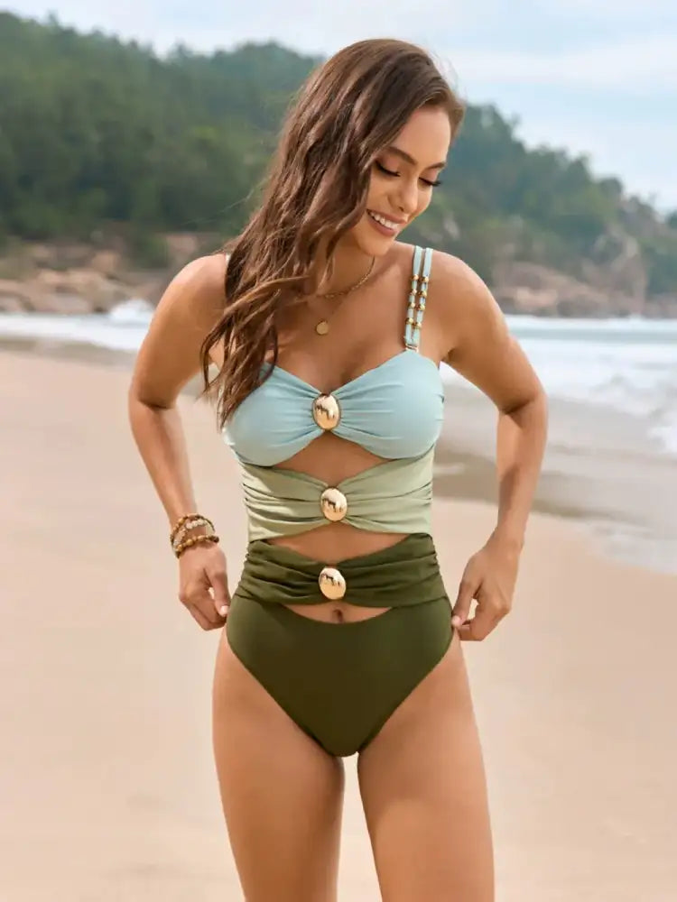 Color Block Sweetheart Neck One-Piece Swimwear