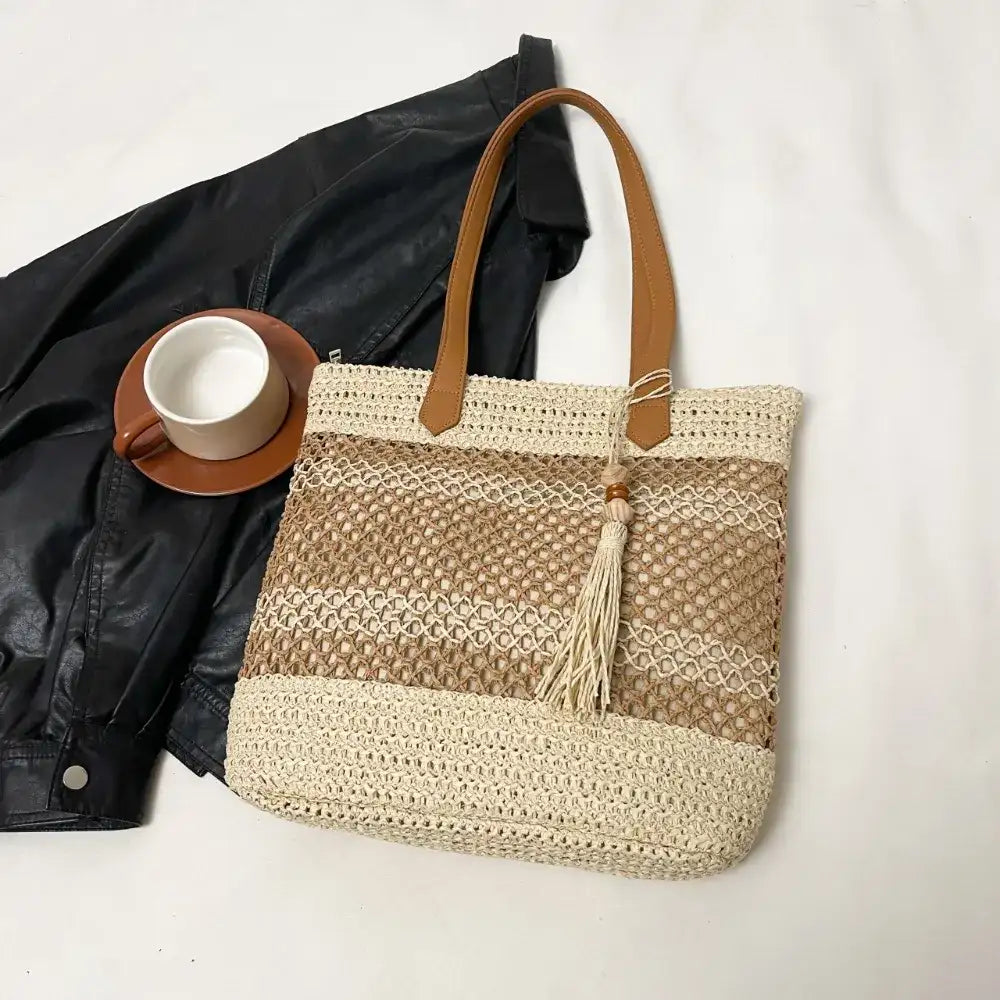 Contrast Woven Straw Beach Tote Bag with Tassel Detail