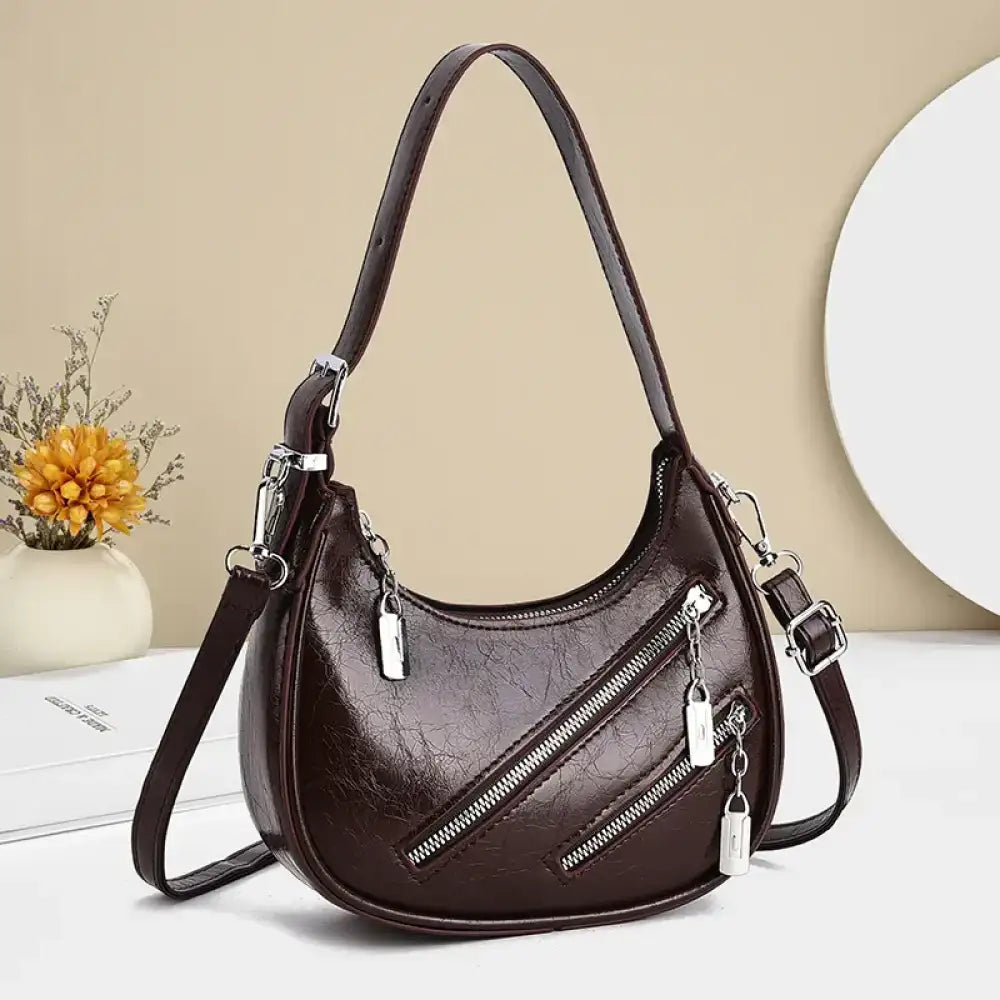 Diagonal Zipper Leather Shoulder Bag