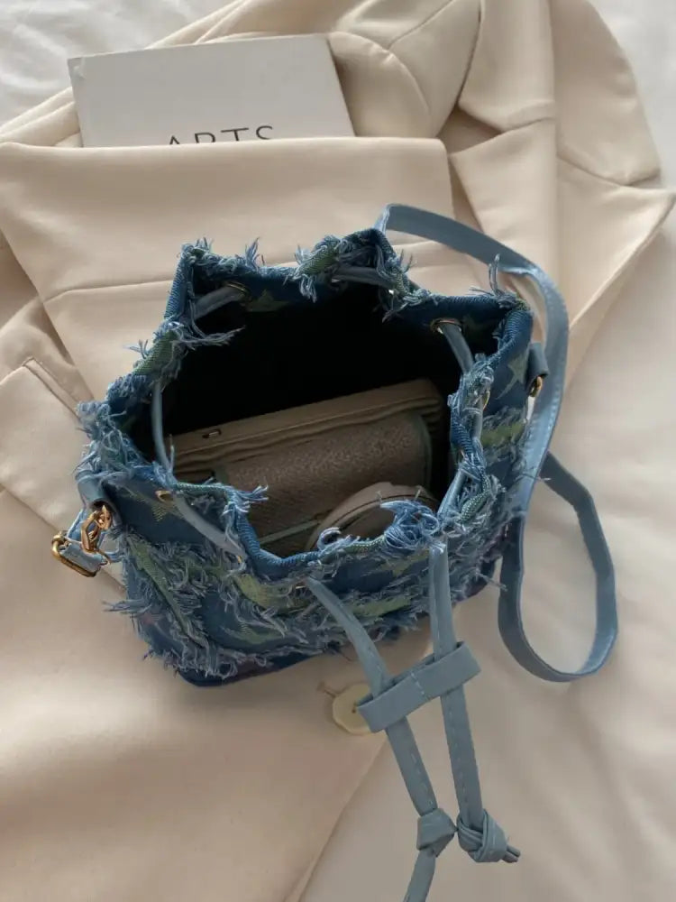 Drawstring Raw Edge Bucket Bag