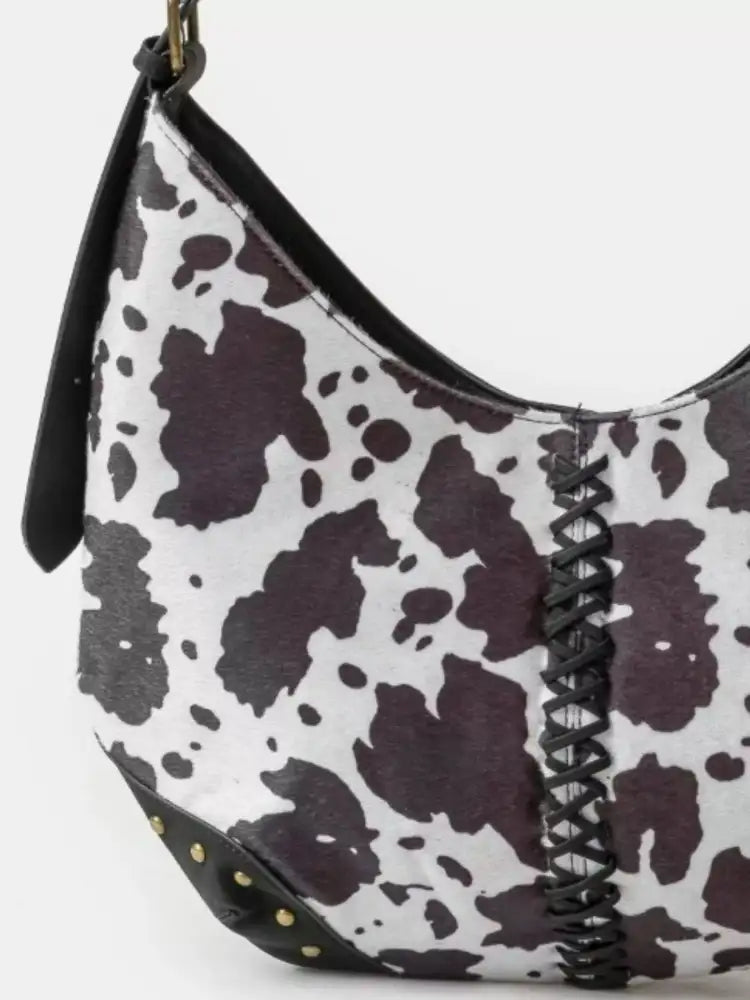 Fame Cow Print Hobo Shoulder Bag with Studded Details
