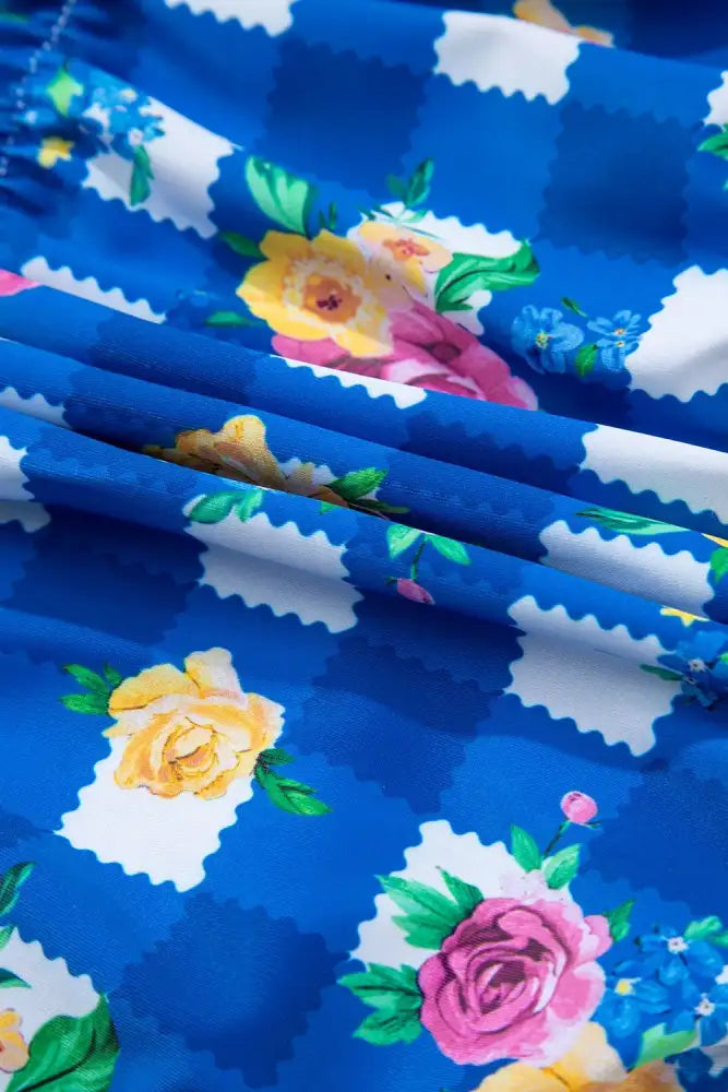 Floral Gingham Halter Neck Drawstring One Piece Swimwear