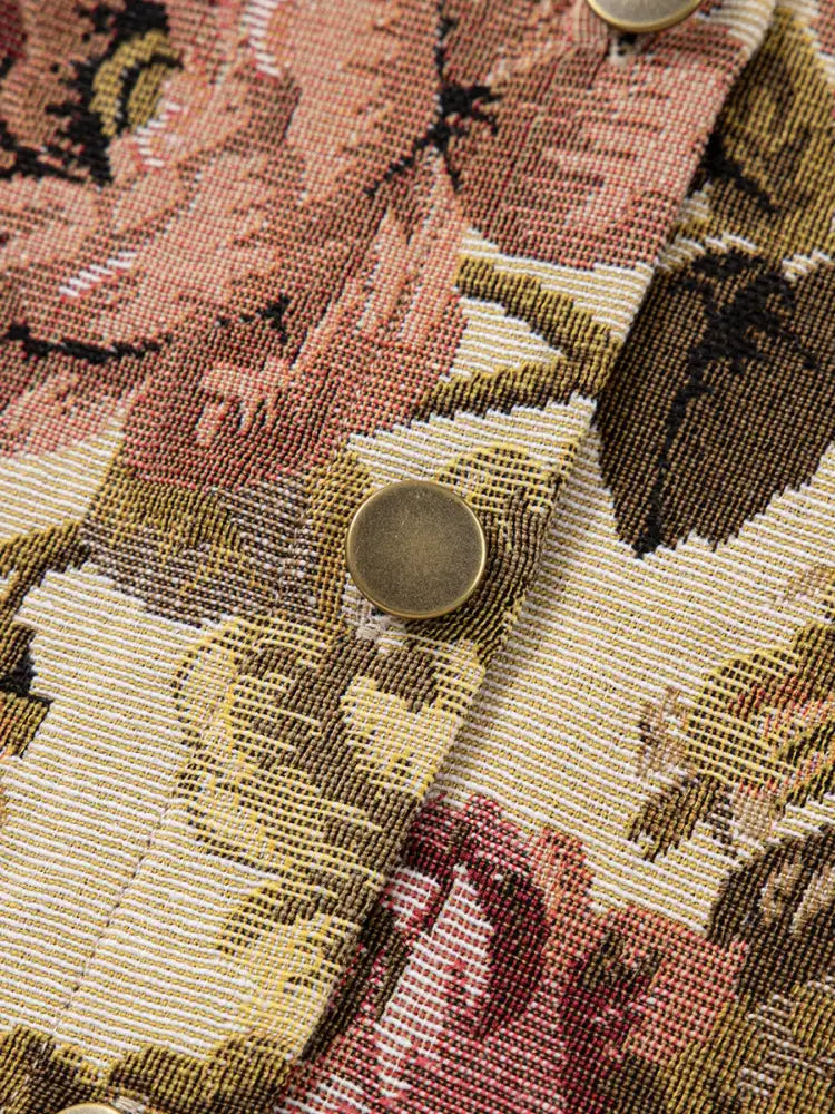 Floral Waffle Knit Patchwork Chest Pockets Buttoned Jacket