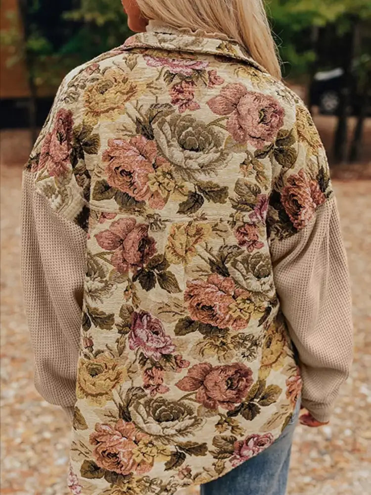 Floral Waffle Knit Patchwork Chest Pockets Buttoned Jacket
