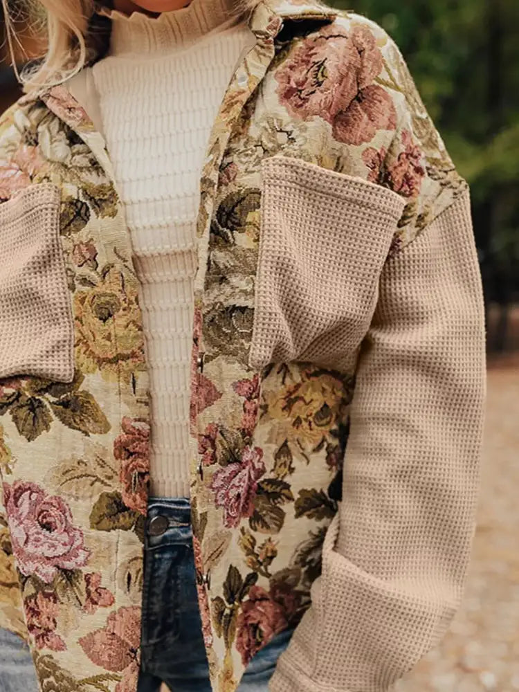 Floral Waffle Knit Patchwork Chest Pockets Buttoned Jacket