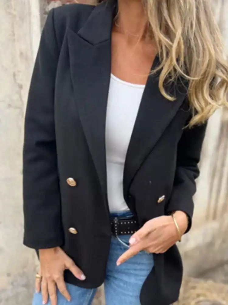 Full Size Double Breasted Long Sleeve Blazer Plus Size