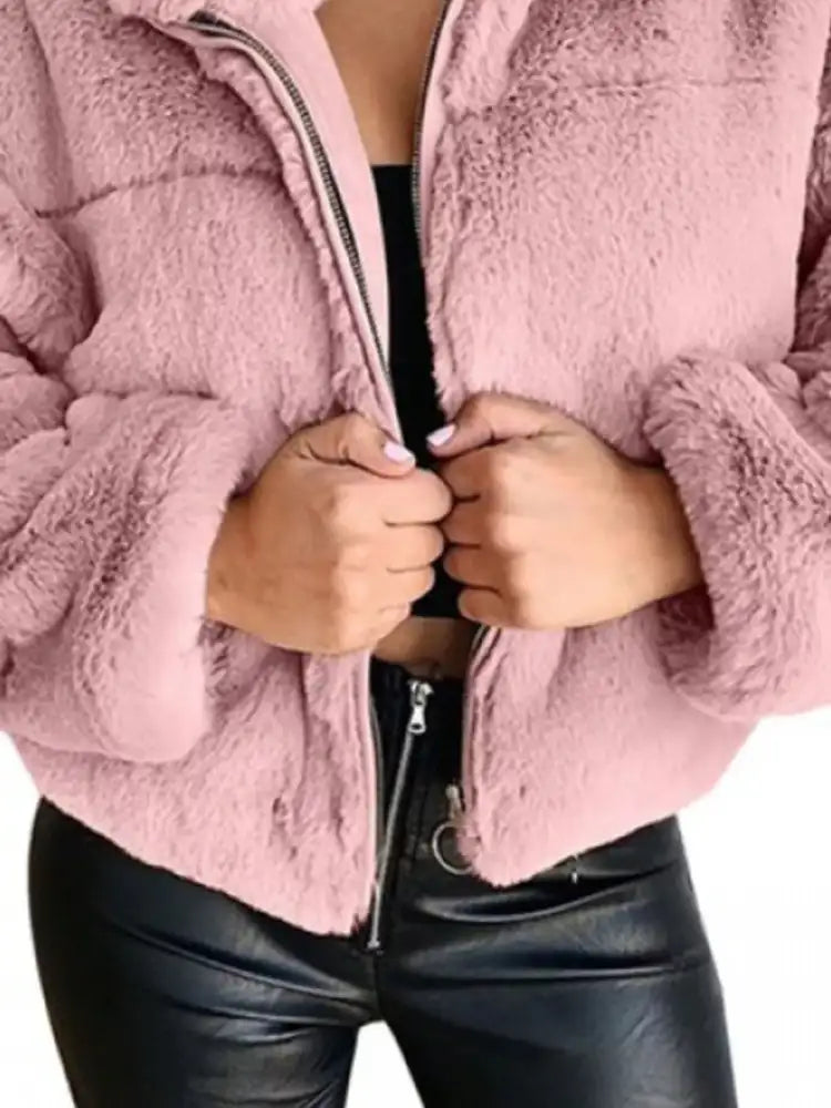 Full Size Faux Fur Cropped Zip-Up Jacket Plus Size