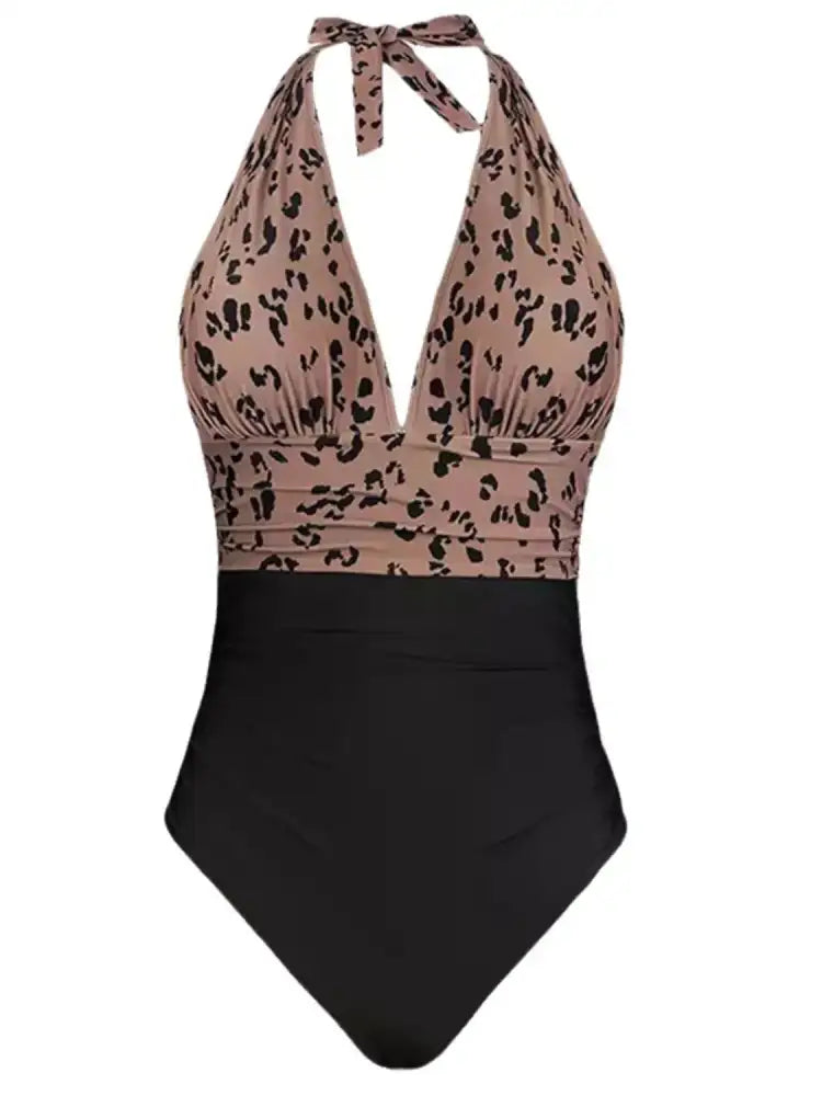 Full Size Leopard Halter Neck One-Piece Swimwear Plus Size