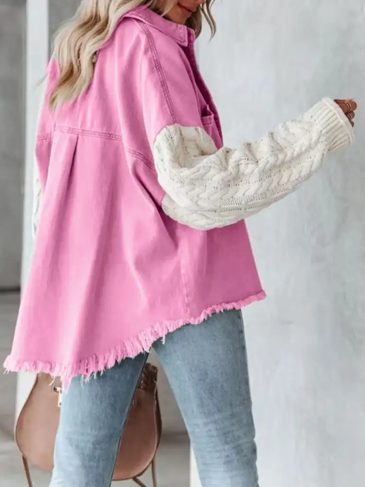 Full Size Raw Hem Button Up Patchwork Denim Jacket Plus Size