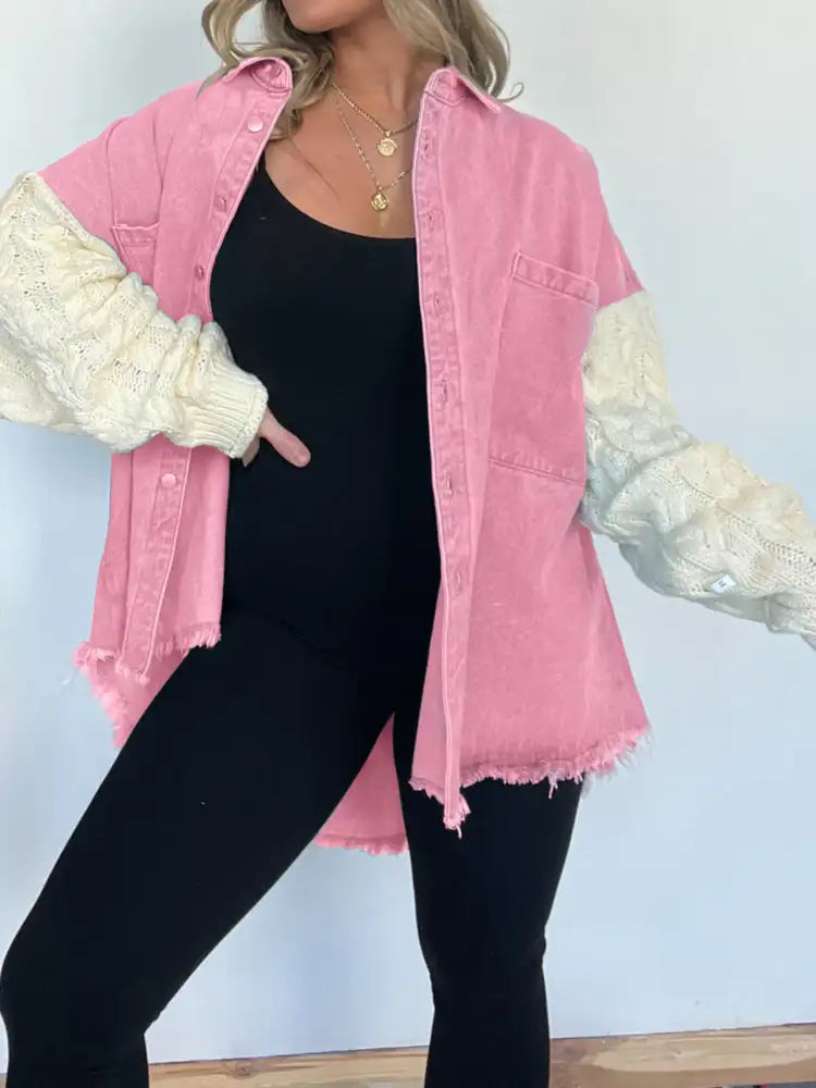 Full Size Raw Hem Button Up Patchwork Denim Jacket Plus Size