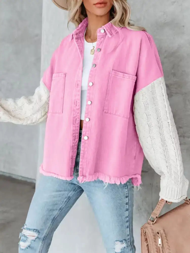 Full Size Raw Hem Button Up Patchwork Denim Jacket Plus Size