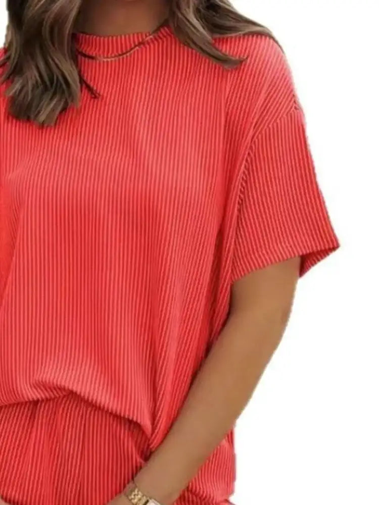 Full Size Ribbed Short Sleeve Top and Shorts Two-Piece Set Plus Size