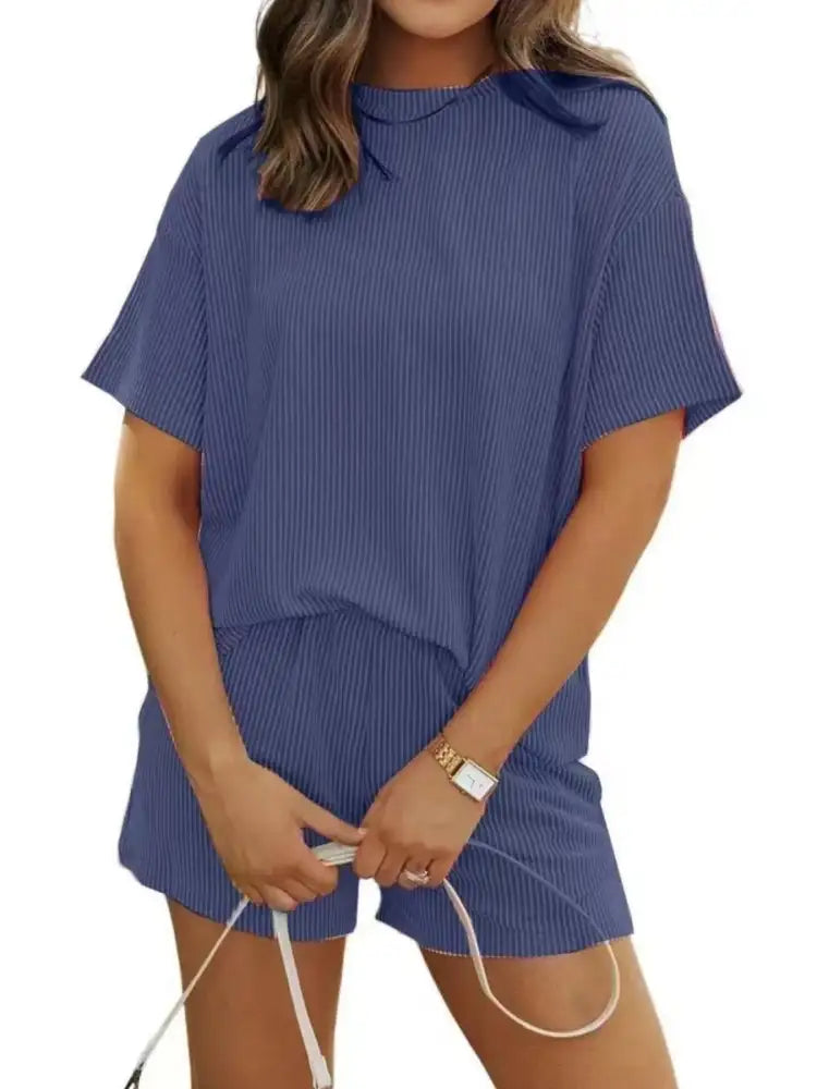 Full Size Ribbed Short Sleeve Top and Shorts Two-Piece Set Plus Size