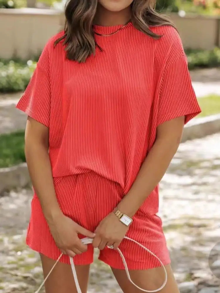 Full Size Ribbed Short Sleeve Top and Shorts Two-Piece Set Plus Size