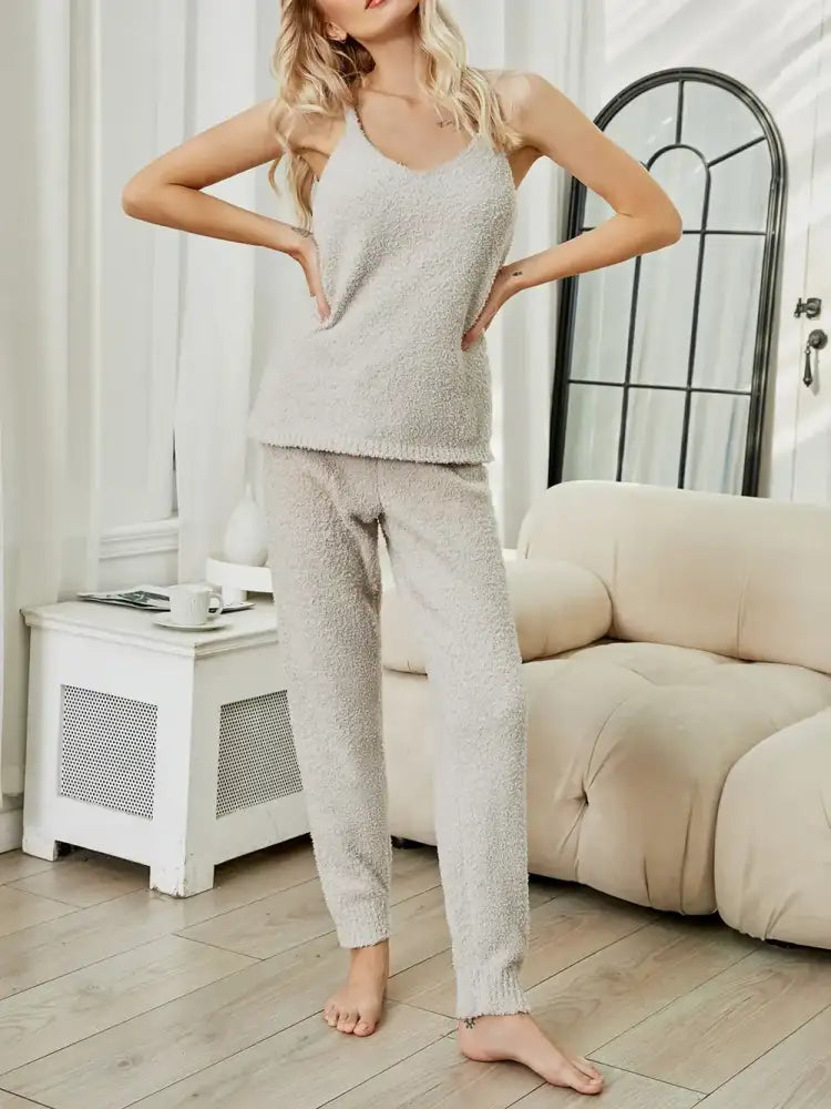 Fuzzy V-Neck Cami and Pants Lounge Set