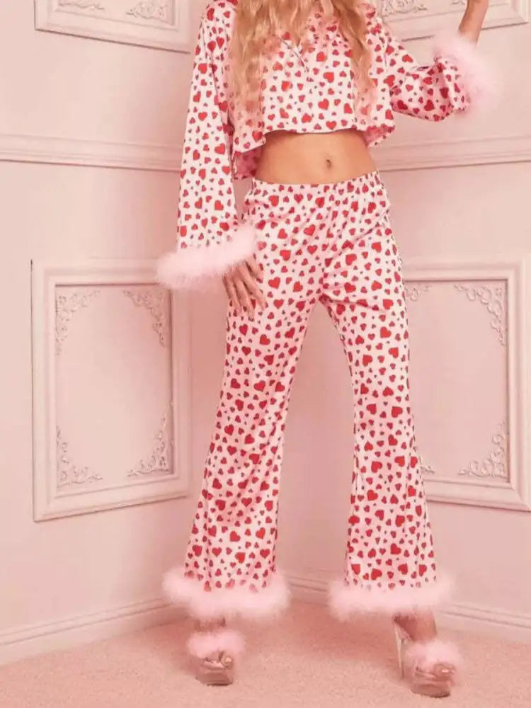 Heart Print Long Sleeve Top and Pants Lounge Set