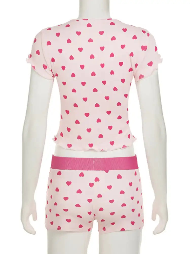 Heart Print Top and Shorts Loungewear Set