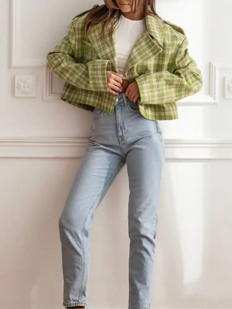 Lapel Collar Plaid Cropped Jacket