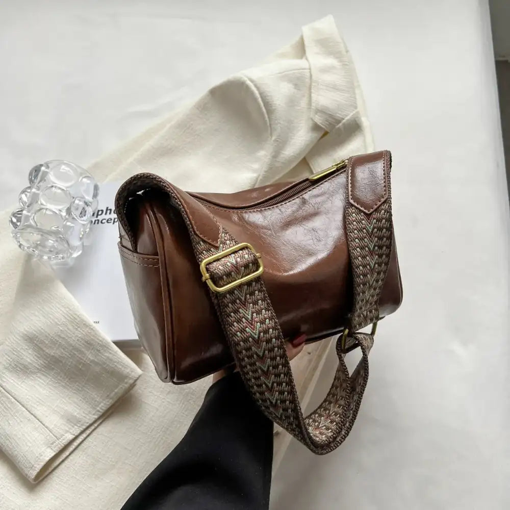 Leather Shoulder Bag with Woven Strap