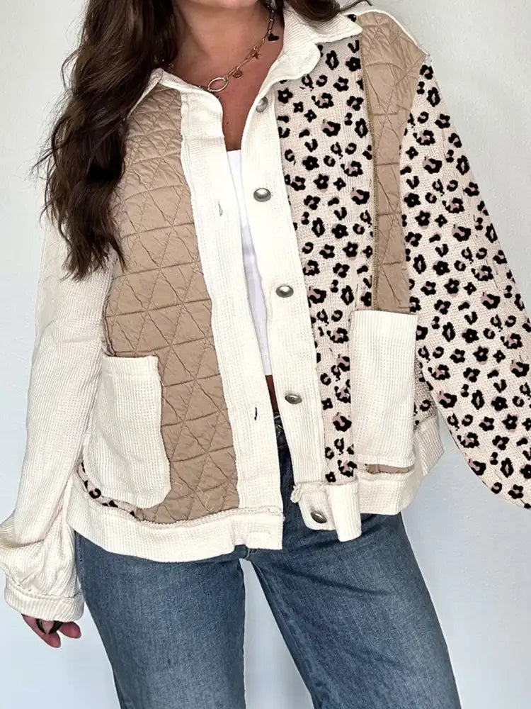 Leopard Waffle Quilted Patchwork Button Front Jacket