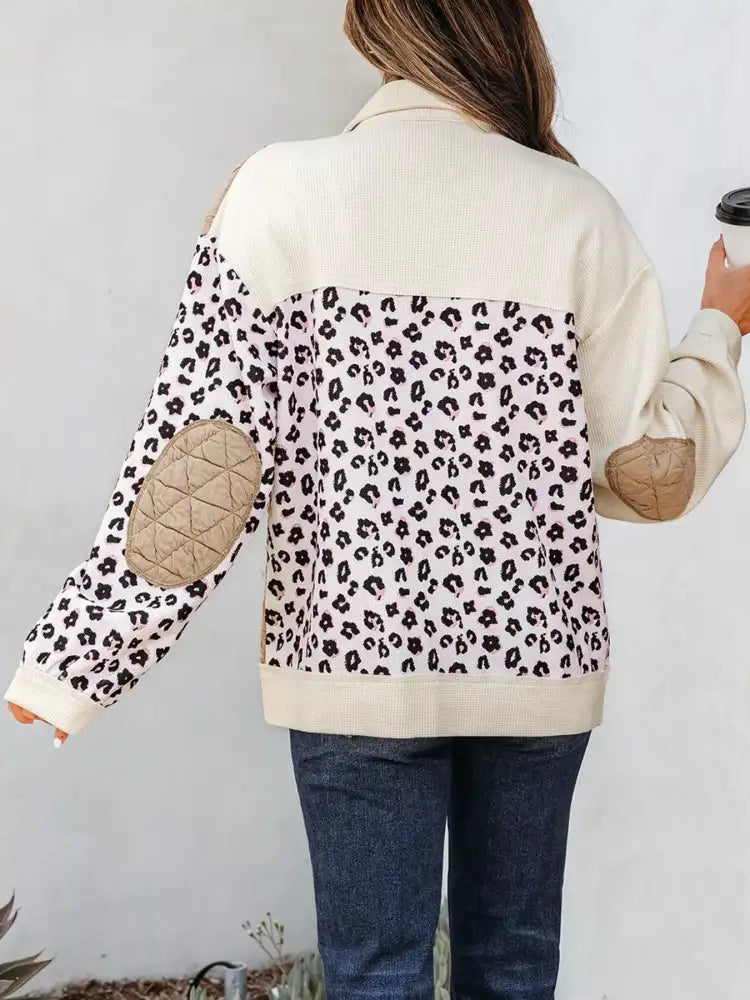 Leopard Waffle Quilted Patchwork Button Front Jacket