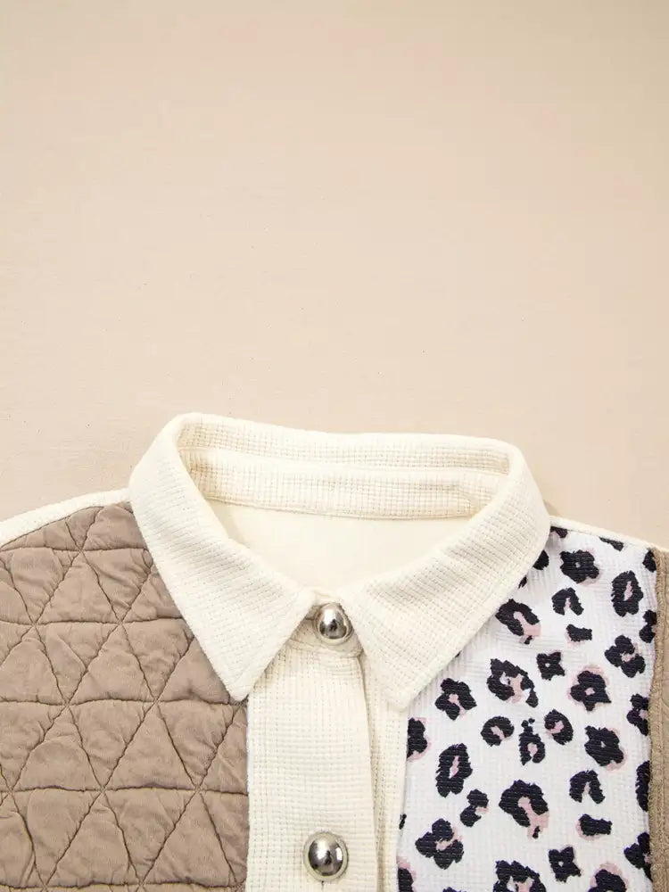 Leopard Waffle Quilted Patchwork Button Front Jacket