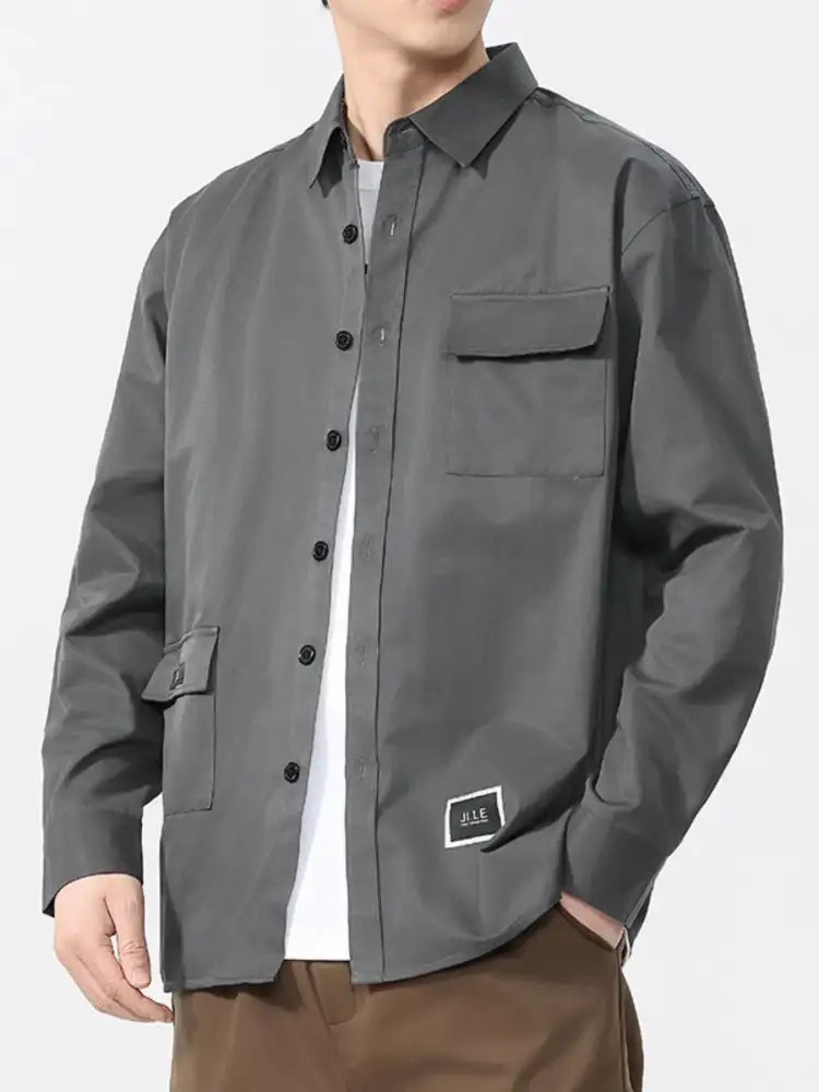 Men’s Button Up Long Sleeve Shirt - Green | charcoal gray utility jacket patch