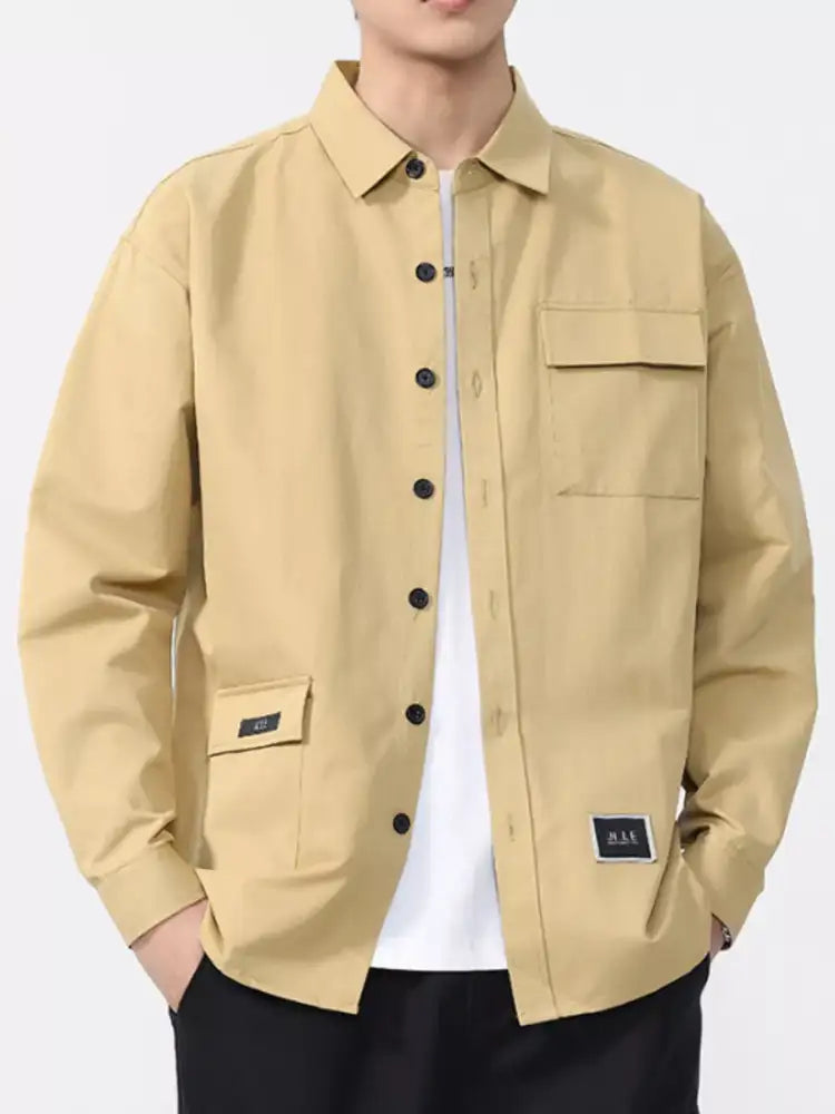 Men’s Button Up Long Sleeve Shirt - Green | beige utility jacket black buttons