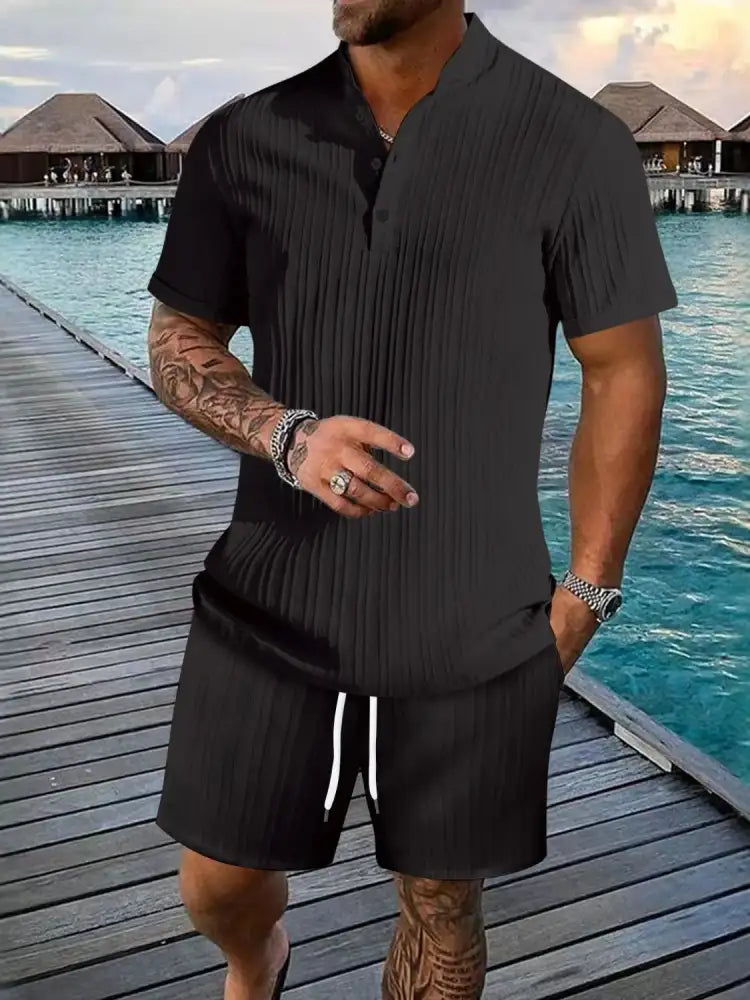 Men’s Full Size Button Detail Short Sleeve Top and Shorts Set Plus Size - black pleated short sleeve romper