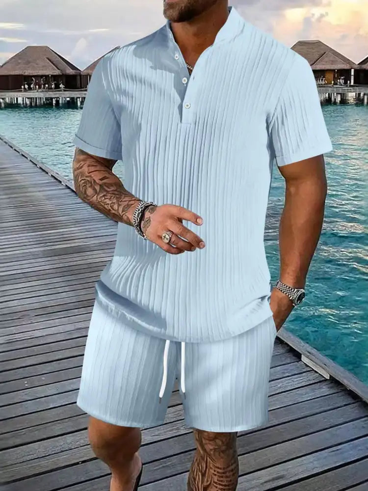 Men’s Full Size Button Detail Short Sleeve Top and Shorts Set Plus Size - light blue pleated short sleeve